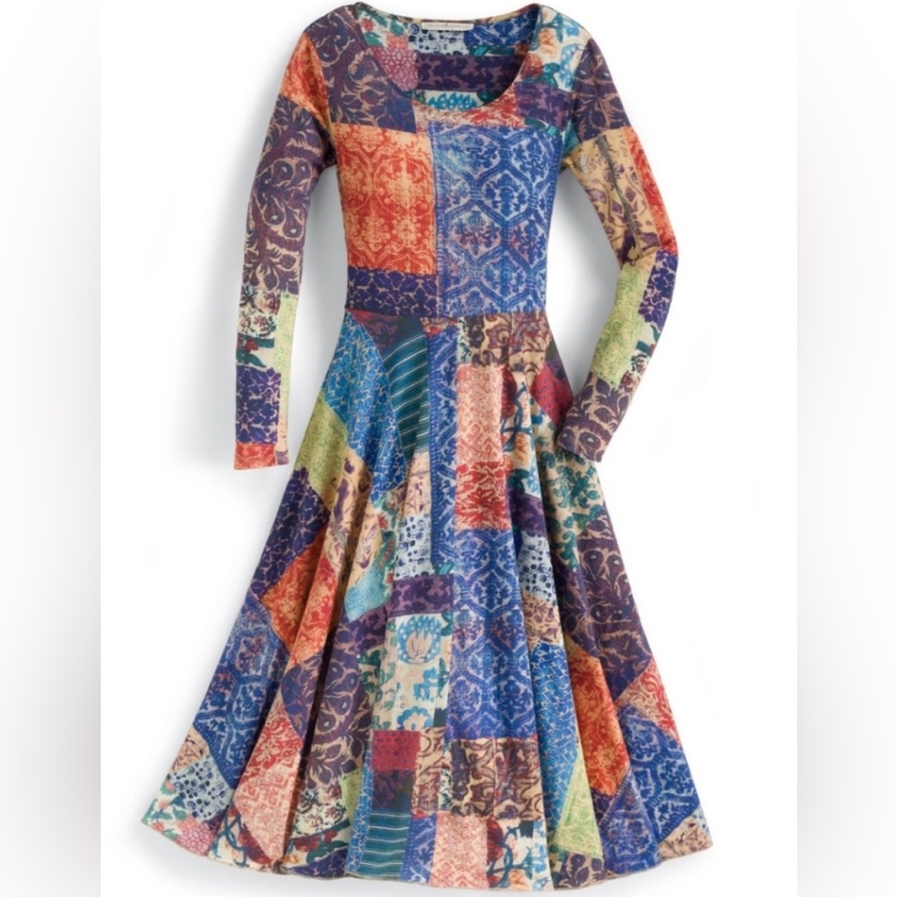 Peruvian Connection Patchwork Print Maxi Dress Boho Artisan Pima Cotton Folk Art - Picture 3 of 9